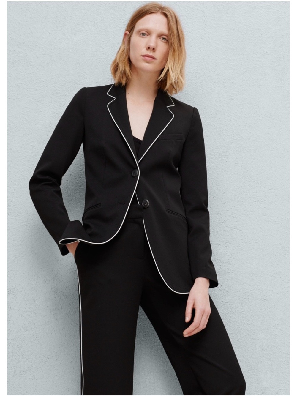 Mango Black Suit Blazer and Pants with White Piping